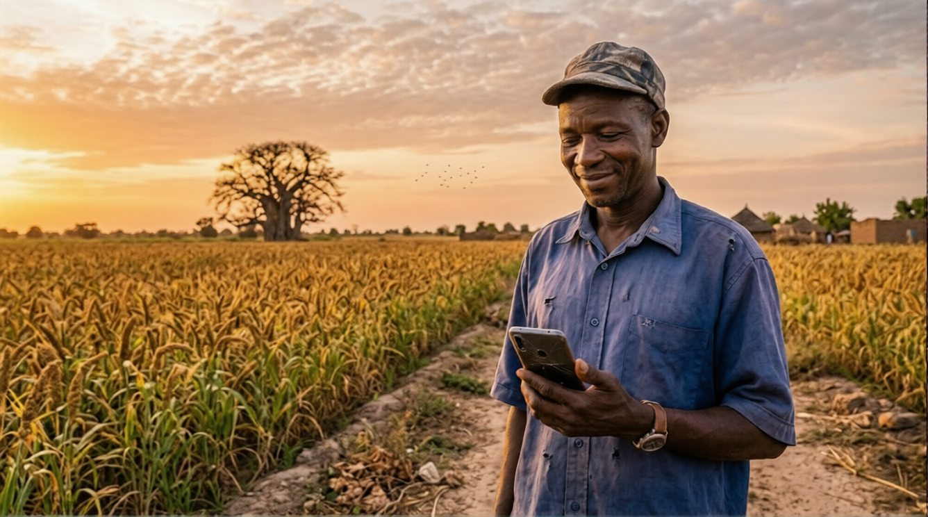 Agriculteur consultant Agriconnect au coucher du soleil